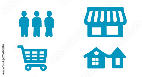 A modern illustration design for a business concept, featuring a set of shopping cart icon symbols