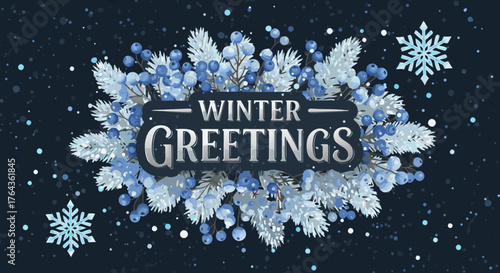 Elegant Winter Greetings vector with a frosty blue wreath