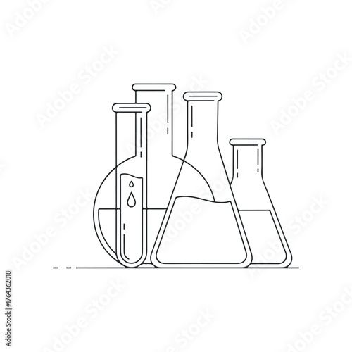 Vector art of a collection of laboratory glassware including beakers and test tubes, representing scientific research and experimentation
