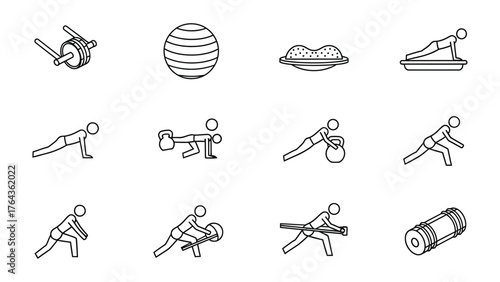 Fitness Icons Set: A comprehensive collection of fitness icons, meticulously designed in a clean, minimalist style, showcasing a variety of exercises, equipment.