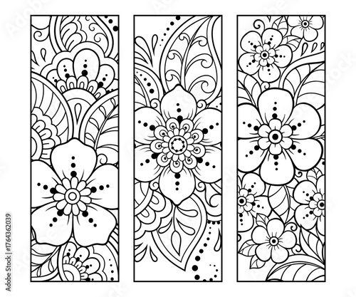 Printable bookmark for book - coloring. Set of black and white labels with flower patterns, hand draw in mehndi style. Sketch of ornaments for creativity of children and adults with colored pencils.
