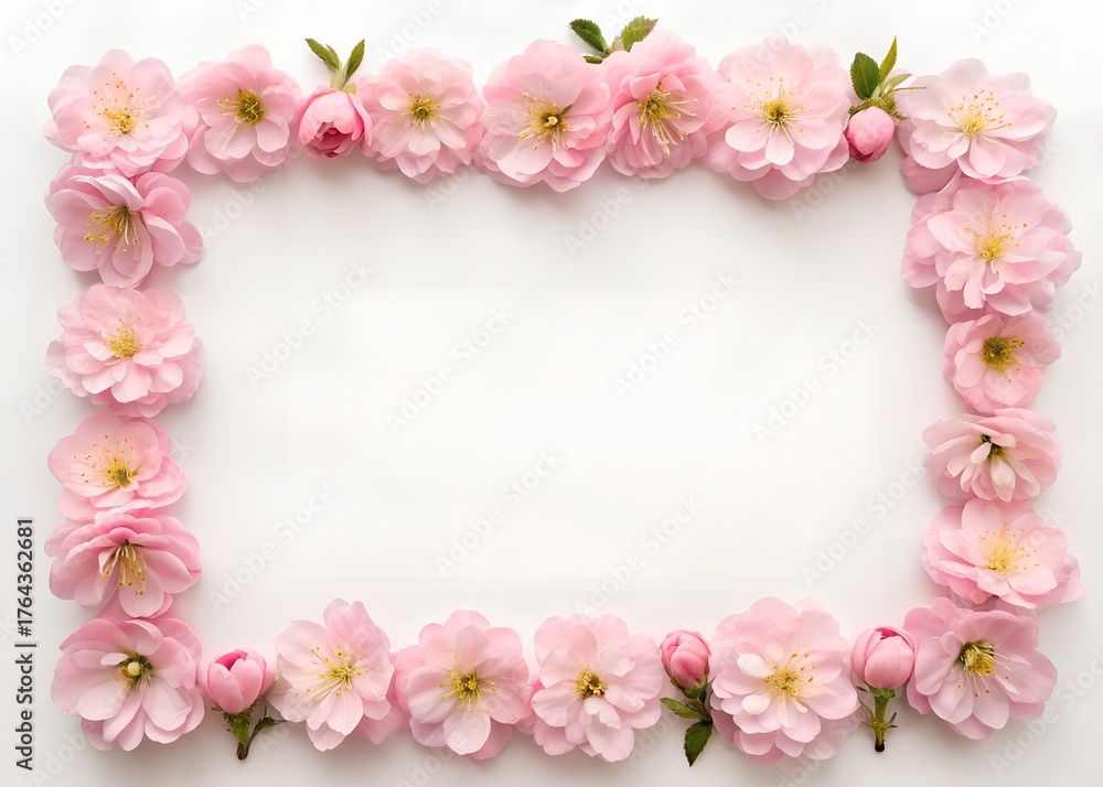 Fototapeta premium Delicate pink flower border frame on white background