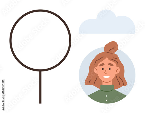 Circular profile photo of a smiling woman, blank circle placeholder, and cloud in minimal style. Ideal for user profile, social media, identity, messaging, contact networking marketing. Simple flat