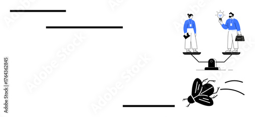 Two people balancing innovation and work on a seesaw, ascending pathways, and a buzzing fly. Ideal for teamwork, innovation, challenge, balance, growth strategy and creativity. Simple flat metaphor