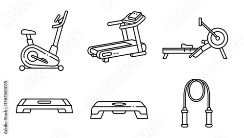 Gym Equipment Icons: A graphic representation of essential fitness tools. A collection of equipment from stationary bikes to the step platform. Clean lines, a modern design, perfect for health.
