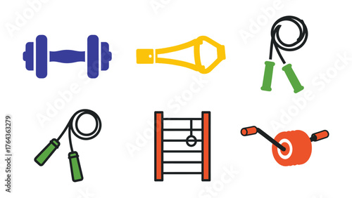 Fitness Icons Collection: A collection of various fitness icons including dumbbells, pull-up bar, skipping rope and more.