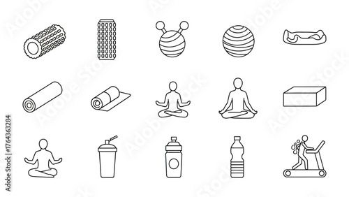 Exercise Equipment Icons: Collection of simple, line-drawn icons of essential exercise equipment, symbolizing a healthy lifestyle and fitness routines. 