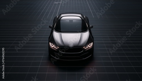 Shining black sedan reflecting studio lights on gridded reflective floor, with LED headlights