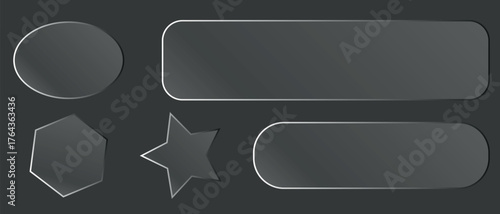 A collection of transparent glassy objects, including buttons, a circle, a star, and a pentagon. Ideal for UI mockups, web design, and digital art for a polished look.