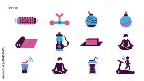 Fitness and Wellness Icon Set: A vibrant collection of minimalistic vector icons, perfect for illustrating themes of exercise, meditation, and healthy living.