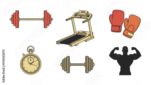 Fitness Equipment Icon Set: A vibrant collection of fitness equipment icons showcases essential tools for exercise and healthy living, ideal for illustrating gym, workout, and wellness concepts. 