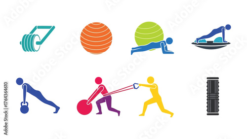 Diverse Fitness Essentials: A vibrant collection of icons representing various workout exercises, equipment, and apparatus, suitable for diverse exercise routines and healthy lifestyle programs.