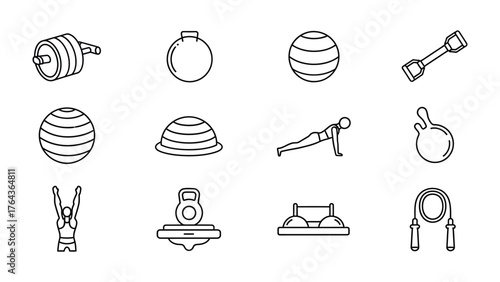 Fitness Icons: A collection of meticulously crafted, minimalistic fitness icons, depicting diverse equipment and activities essential for health and well-being.