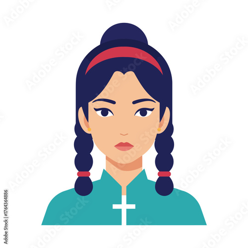 Asian Woman Vector Portrait Pigtails Flat Illustration