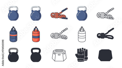 Gym Equipment Assortment: A diverse collection of fitness essentials including kettlebells, jump ropes, boxing bag and gloves, ready to enhance any workout routine. 