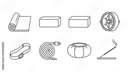 Yoga Essentials Icon Set: A neatly arranged collection of yoga equipment, presented as line art icons, offers a clean, visual guide to various props used in the practice of yoga.