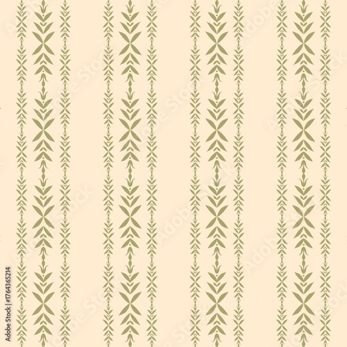 A vertical seamless pattern featuring pale olive-green stylised  leaf or wheat-like motifs on a light beige background