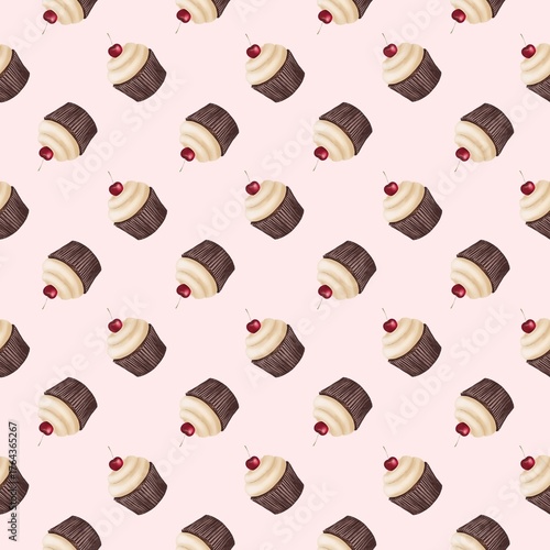 Seamless pattern with chocolate cupcakes topped with cream, cherries on a pink background. Cozy and sweet design perfect for bakery packaging, digital paper, kitchen decor, or dessert-themed projects.