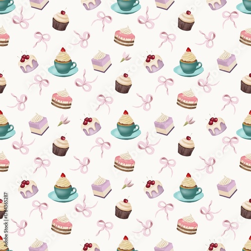 Seamless pattern with cute desserts — cupcakes, cakes, popsicles, bow and coffee cups in pastel tones. Perfect for bakery packaging, fabric prints, and sweet-themed digital projects.