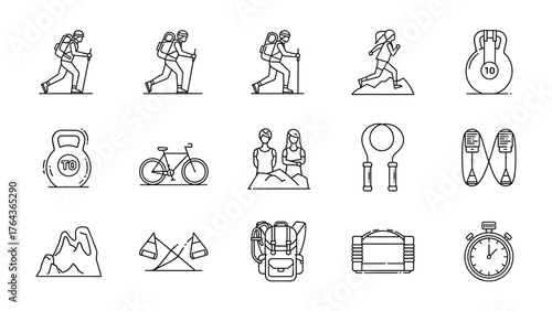 Essential Fitness and Leisure Elements: An array of dynamic graphic elements representing diverse fitness activities, from hiking and cycling to running and weight training.