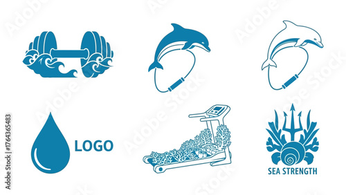 Dynamic Fitness Logo Collection: A set of vibrant, stylized fitness logos, incorporating elements of the ocean and marine life.