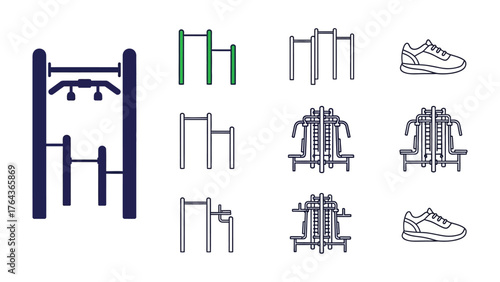 Fitness Equipment Icon Set: A comprehensive collection of fitness equipment, illustrated with minimalist lines. Capturing the essence of a healthy lifestyle