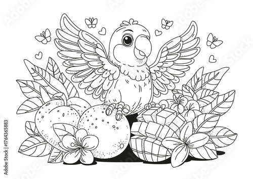 A cute parrot sits on a ripe avocado decorated with flowers. Coloring page. Illustration for coloring.