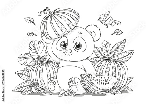 A cheerful panda wears a piece of melon on his head instead of a hat. This coloring page is for children and adults. Black and white illustration for coloring.