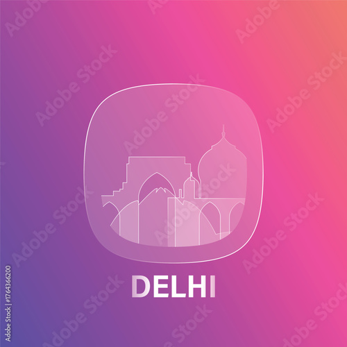 Delhi, India: icon and logo prototype with glass liquid effect. Flat emblem with shapes of landmarks. Concept for mobile app, sticker, web element