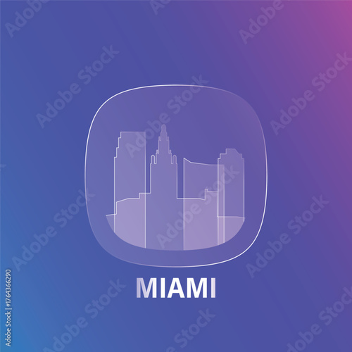 Miami, USA Florida state: icon and logo prototype with glass liquid effect. Flat emblem with shapes of landmarks. Concept for mobile app, sticker, web element