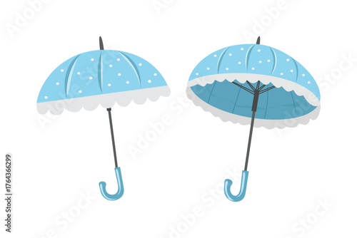 Blue Umbrella with Dotted Pattern. Decorative Blue Rain Umbrella Set. Blue Polka Dot Umbrella Illustration. Cute Blue Umbrella with White Trim