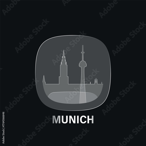 Munich, Germany: icon and logo prototype with glass liquid effect. Flat emblem with shapes of landmarks. Concept for mobile app, sticker, web element
