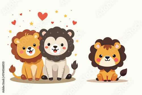 Cute Lion Family Cartoon Illustration Vector
