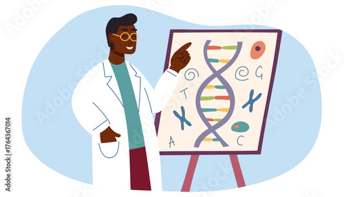 Genetics scientist explaining DNA structure, educational biology concept. Concept of biology, genetics, medical science. Vector flat banner.