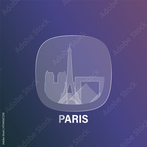 Paris, France: icon and logo prototype with glass liquid effect. Flat emblem with shapes of landmarks. Concept for mobile app, sticker, web element.