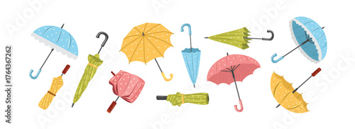 Colorful Umbrella Collection for Rainy Days. Multicolor Umbrella Set Illustration. Set of Open and Closed Umbrellas