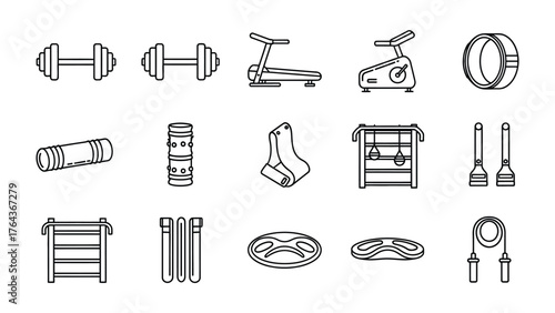 Gym Equipment Illustration: A collection of various fitness tools, perfectly illustrated in a monochromatic style. It depicts a range of gym equipment for diverse workouts, suitable for health.