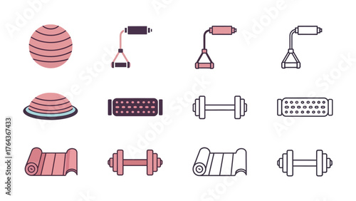 Workout Gear: The image showcases essential workout tools like stability ball, resistance bands, dumbbells, yoga mat, and balance board, perfect for a fulfilling fitness session. 