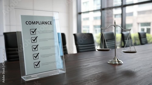 Wallpaper Mural Modern office compliance checklist and balance scale for business law and regulations Torontodigital.ca