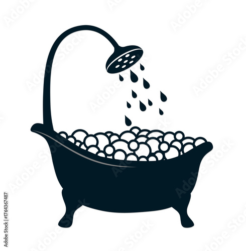 Bathtub with shower and soap bubbles. 
