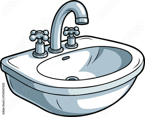 Cartoon illustration of a white ceramic bathroom sink with faucet.