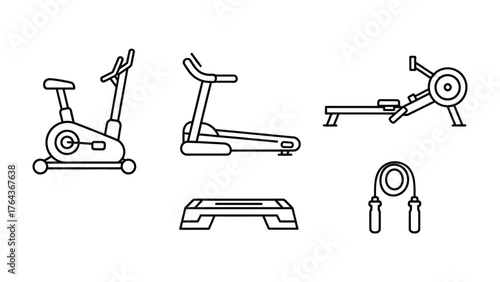 Fitness Equipment Set: A minimalist line-art illustration showcases an array of fitness essentials, embodying the essence of a dynamic workout routine. It include stationery bike, treadmill.