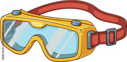 Cartoon illustration of yellow safety goggles with red strap.