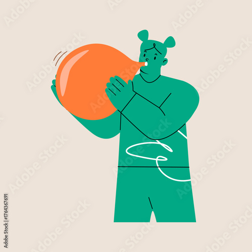 Woman blowing balloon. Holiday celebration. Colorful vector illustratio