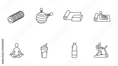 Fitness Essentials: A collection of line art icons showcasing vital fitness elements, illustrating a holistic approach to wellness. These icons represent exercise, relaxation, and healthy choices.