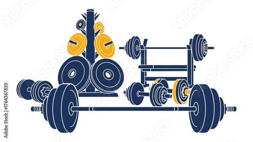 Weights and Bars: A meticulously arranged assortment of weight plates, barbells, and supporting equipment in a sleek, modern gym, creating an atmosphere of strength and fitness.