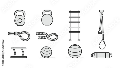 Essential Workout Gear: A set of essential fitness equipment, illustrated with minimalist style, offering tools for diverse exercises and representing the dedication to personal wellness.