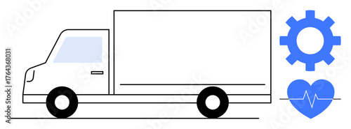 Delivery truck beside gear and heart symbols, implying logistics, efficiency, health, and reliability. Ideal for logistics, teamwork, healthcare, delivery transportation supply chain