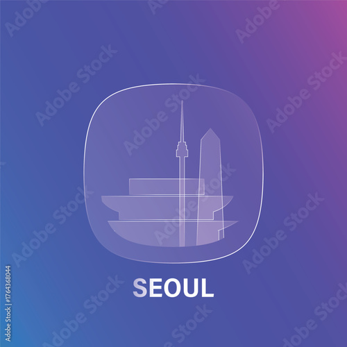 Seoul, South Korea: icon and logo prototype with glass liquid effect. Flat emblem with shapes of landmarks. Concept for mobile app, sticker, web element