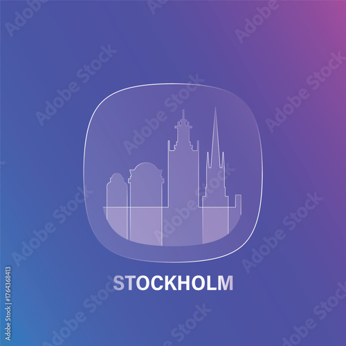 Stockholm, Sweden: icon and logo prototype with glass liquid effect. Flat emblem with shapes of landmarks. Concept for mobile app, sticker, web element